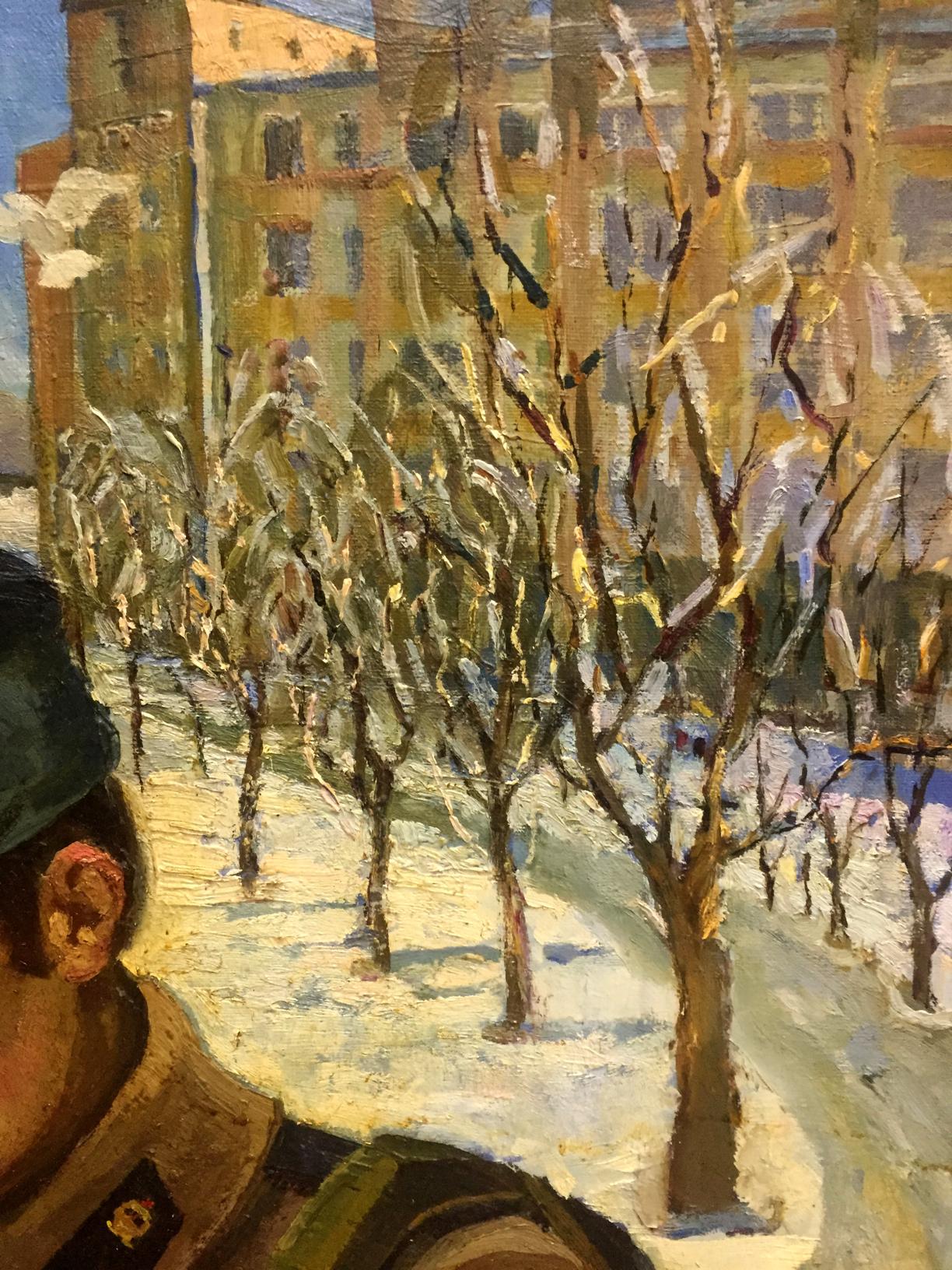 Oil painting Return of the Soldier to His Homeland by Yanchak Elena Vatslavovna snowy street scene