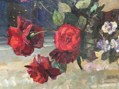 Oil painting of vibrant red roses by Natalya Alexandrovna Savitskaya