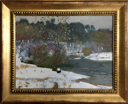 Framed oil painting of snowy riverbank by Zaretsky Victor Ivanovich