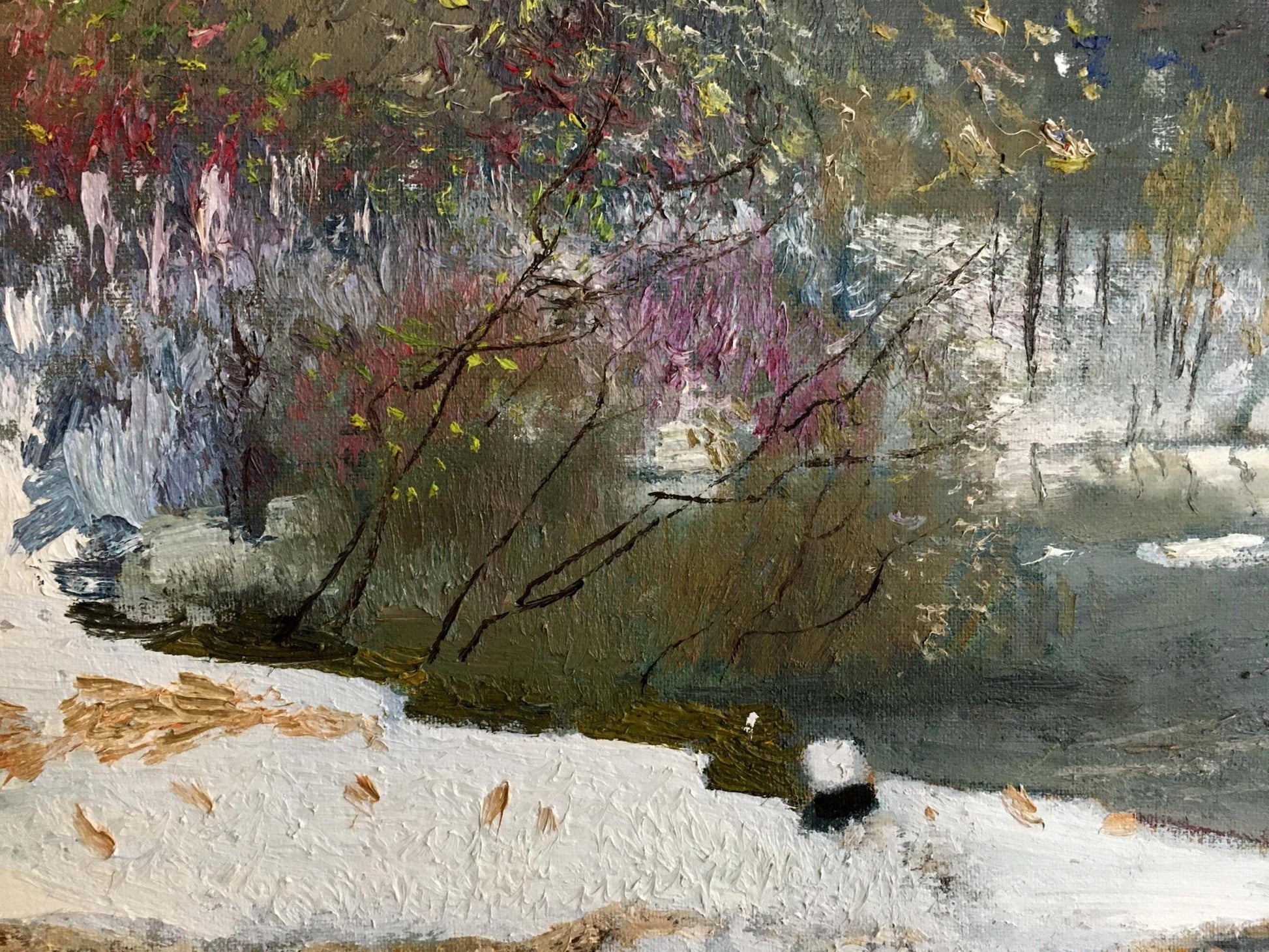 Textured impressionist oil painting of snowy Zaretsky winter landscape
