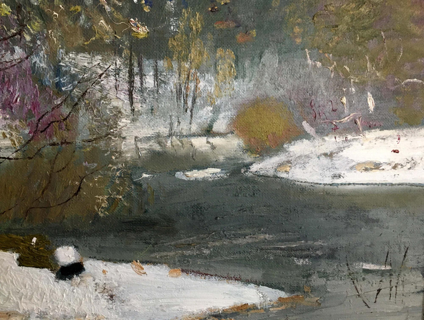 Textured impressionist oil painting of snowy forest stream by Zaretsky Victor Ivanovich