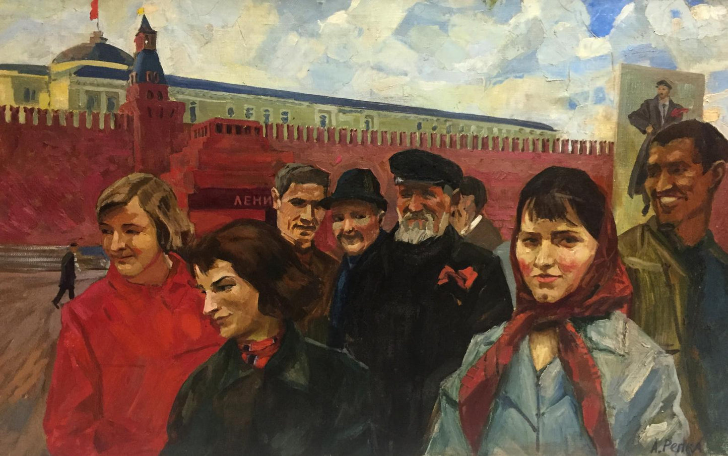 Oil painting of vibrant red scarf on womans neck over blue jacket by Alexander Repka on Red Square