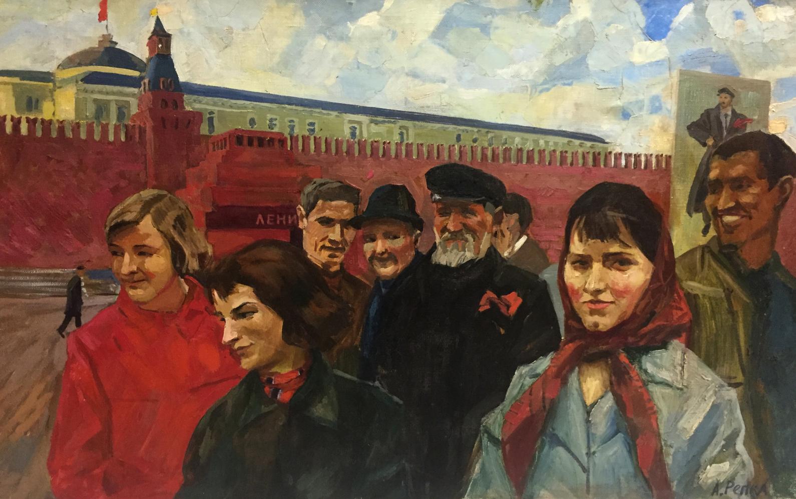 Oil painting of vibrant red scarf on womans neck over blue jacket by Alexander Repka on Red Square