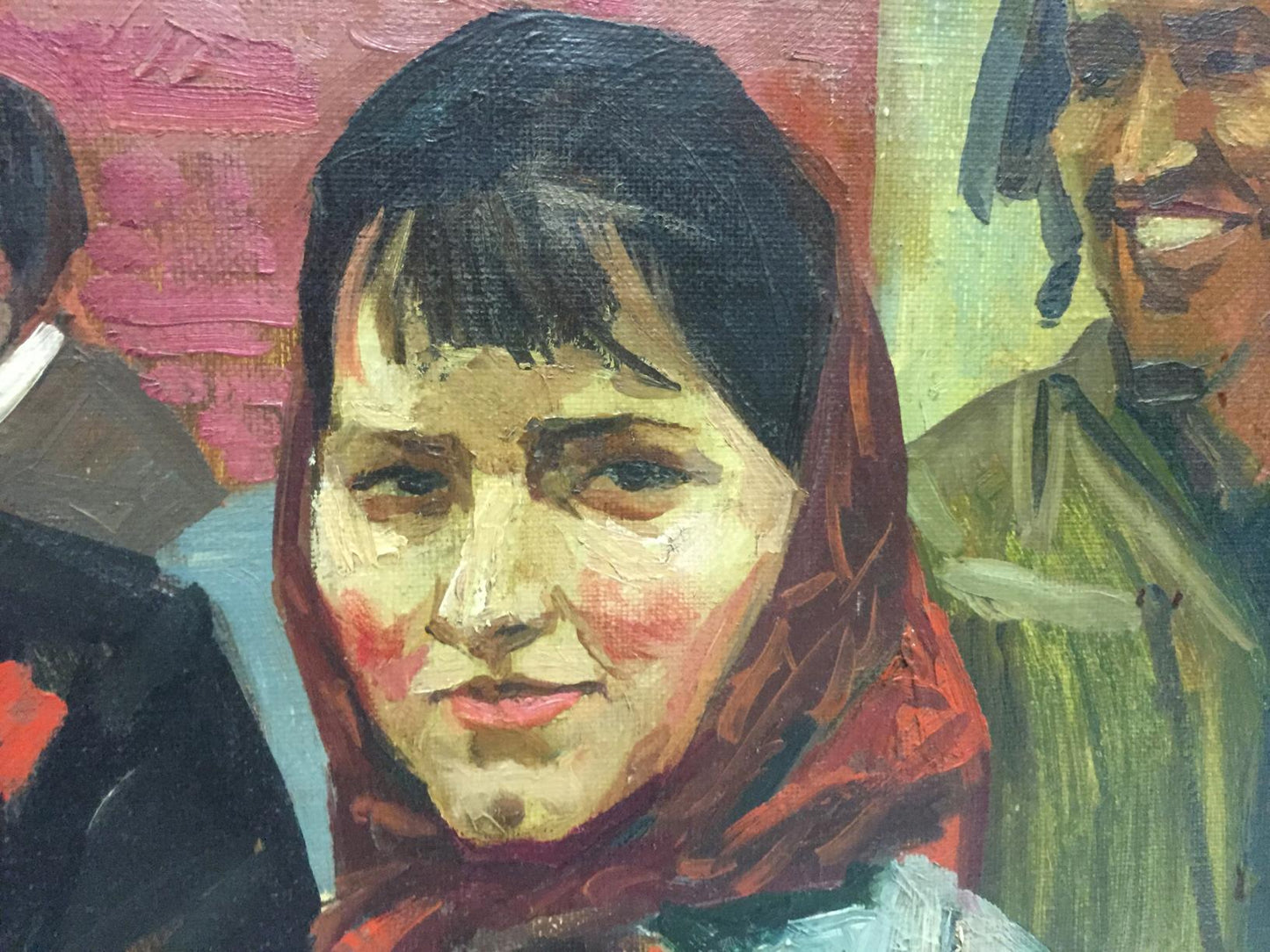 Oil painting On the Red Square by Alexander Repka: woman with dark hair, red headscarf