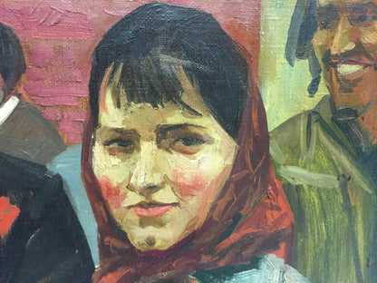Oil painting On the Red Square by Alexander Repka: woman with dark hair, red headscarf