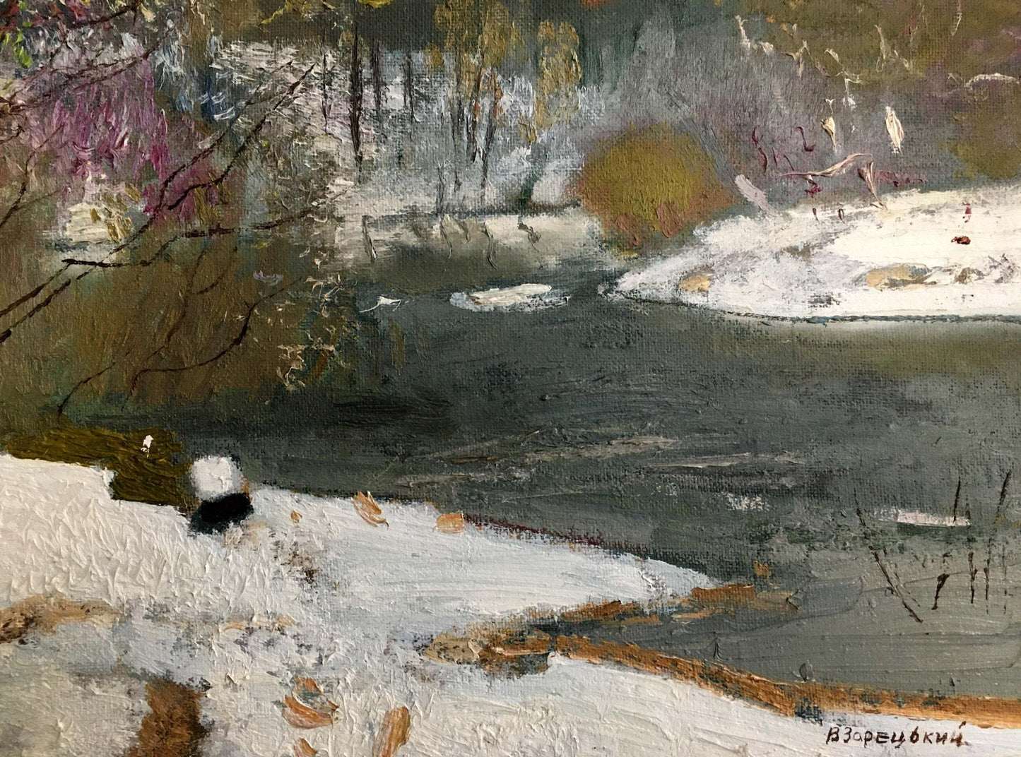 Oil painting of snowy riverbank by Zaretsky Victor Ivanovich