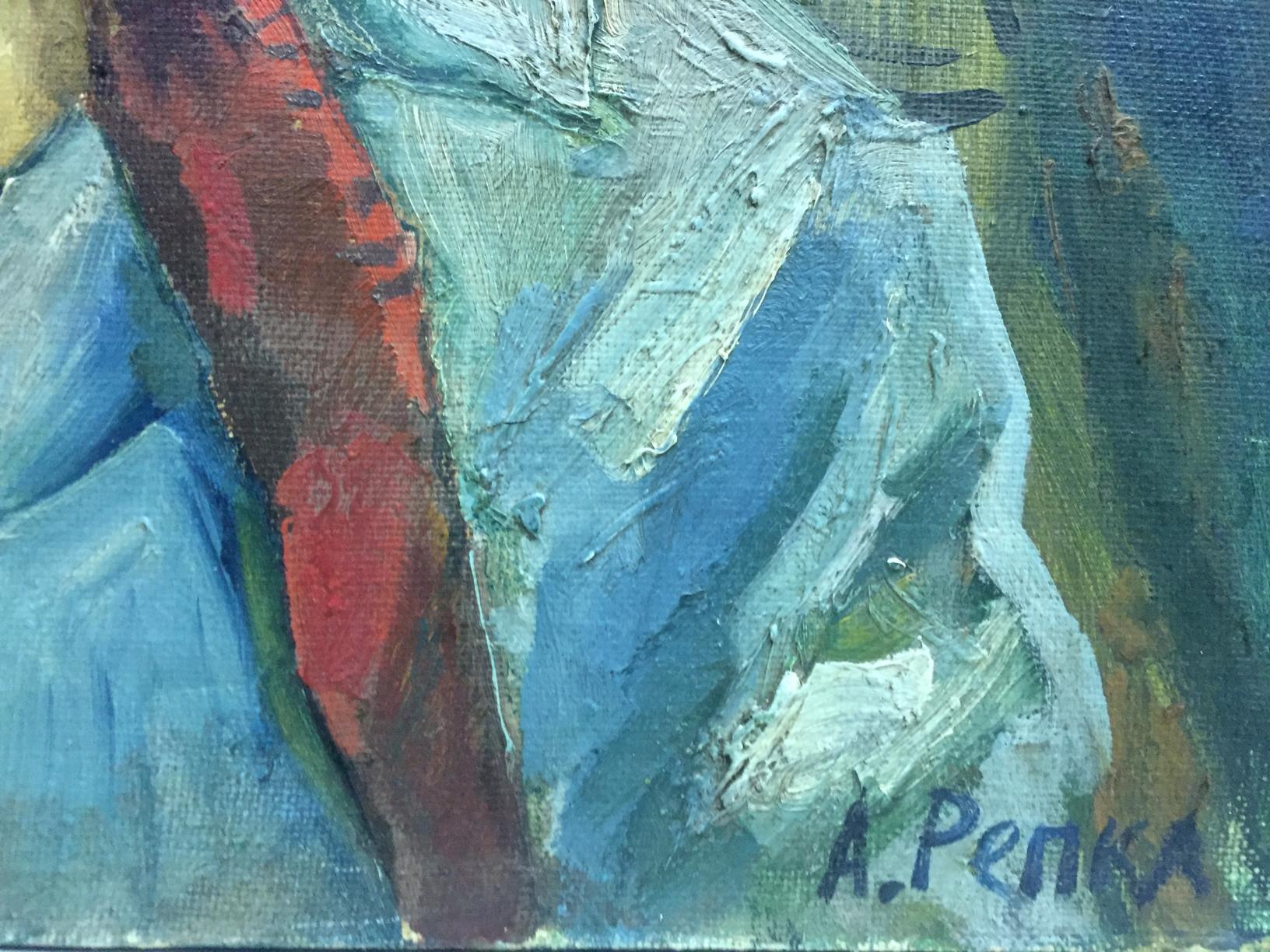 Oil painting On the Red Square by Alexander Repka with bold blue red green strokes