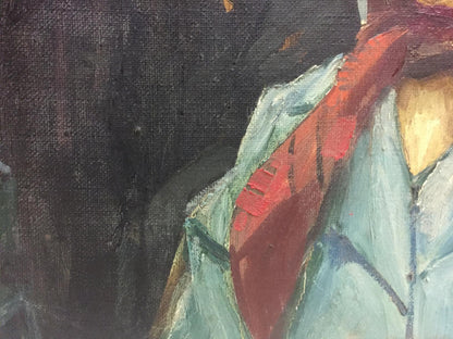 Oil painting On the Red Square by Alexander Repka: red scarf on blue garment