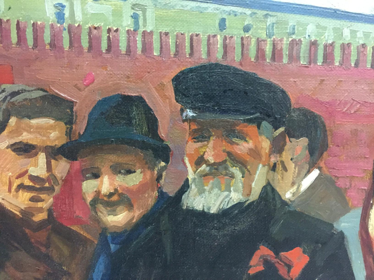 Impressionistic oil painting of three men on Red Square by Alexander Repka