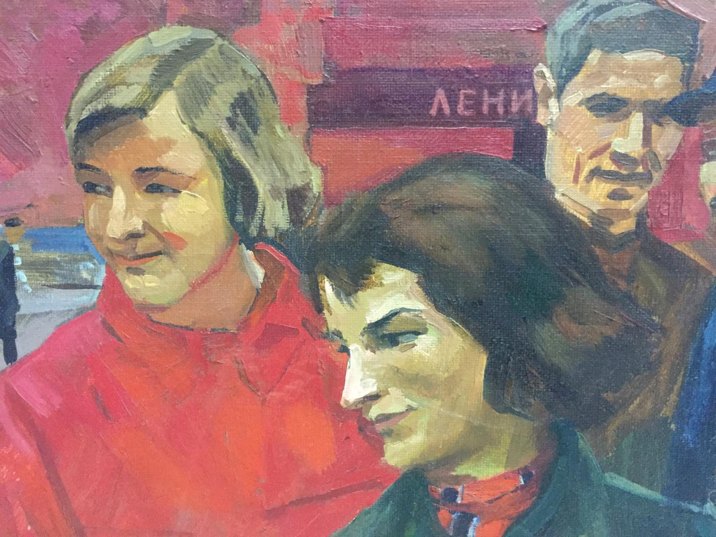 Oil painting On the Red Square by Alexander Repka: woman in vibrant red jacket