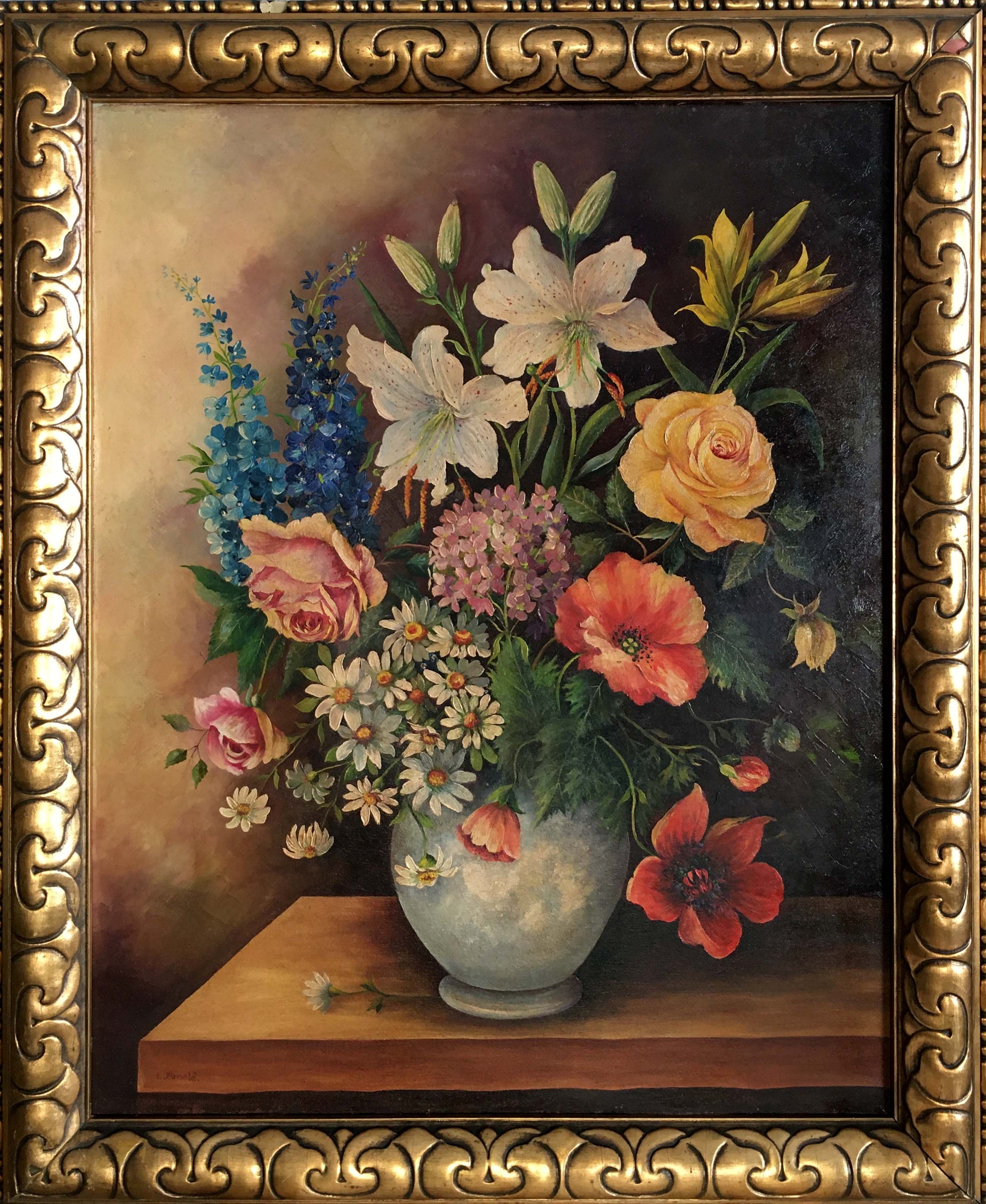 Oil painting of variegated floral arrangement with lilies, roses, peonies, poppies
