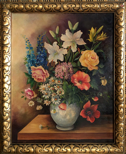 Oil painting of variegated floral arrangement with lilies, roses, peonies, poppies
