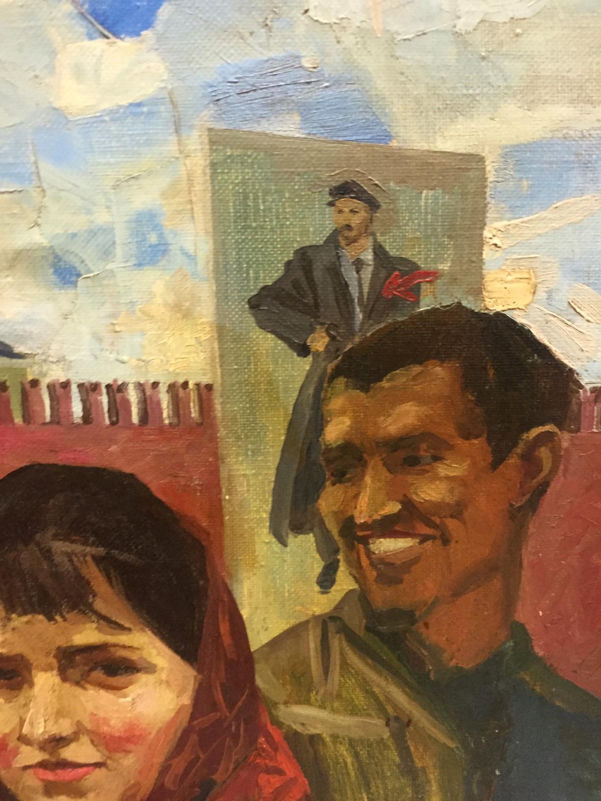 Oil painting On the Red Square by Alexander Repka with smiling man and portrait
