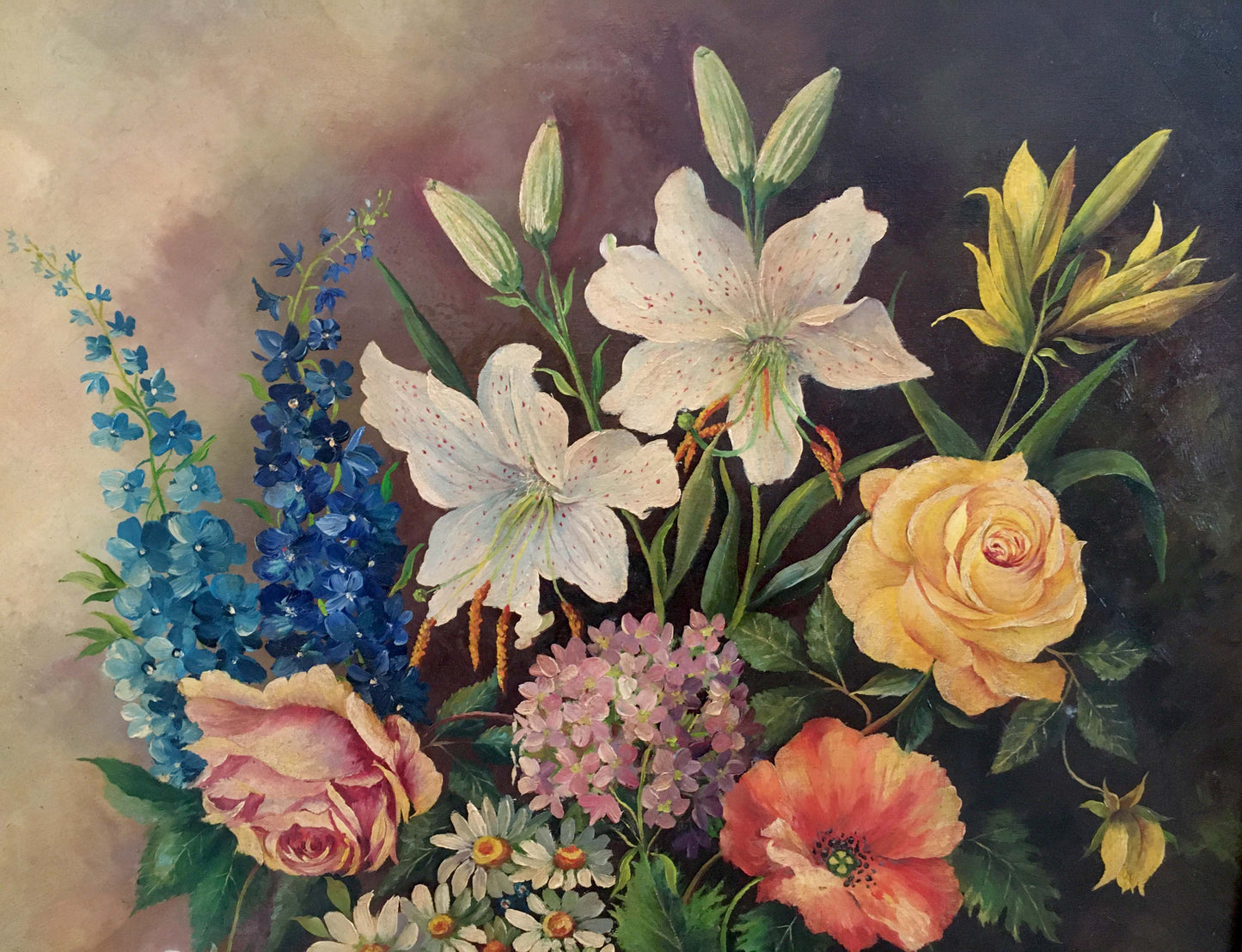 Oil painting Variegated Floral Arrangement with lilies, roses, delphiniums, poppies