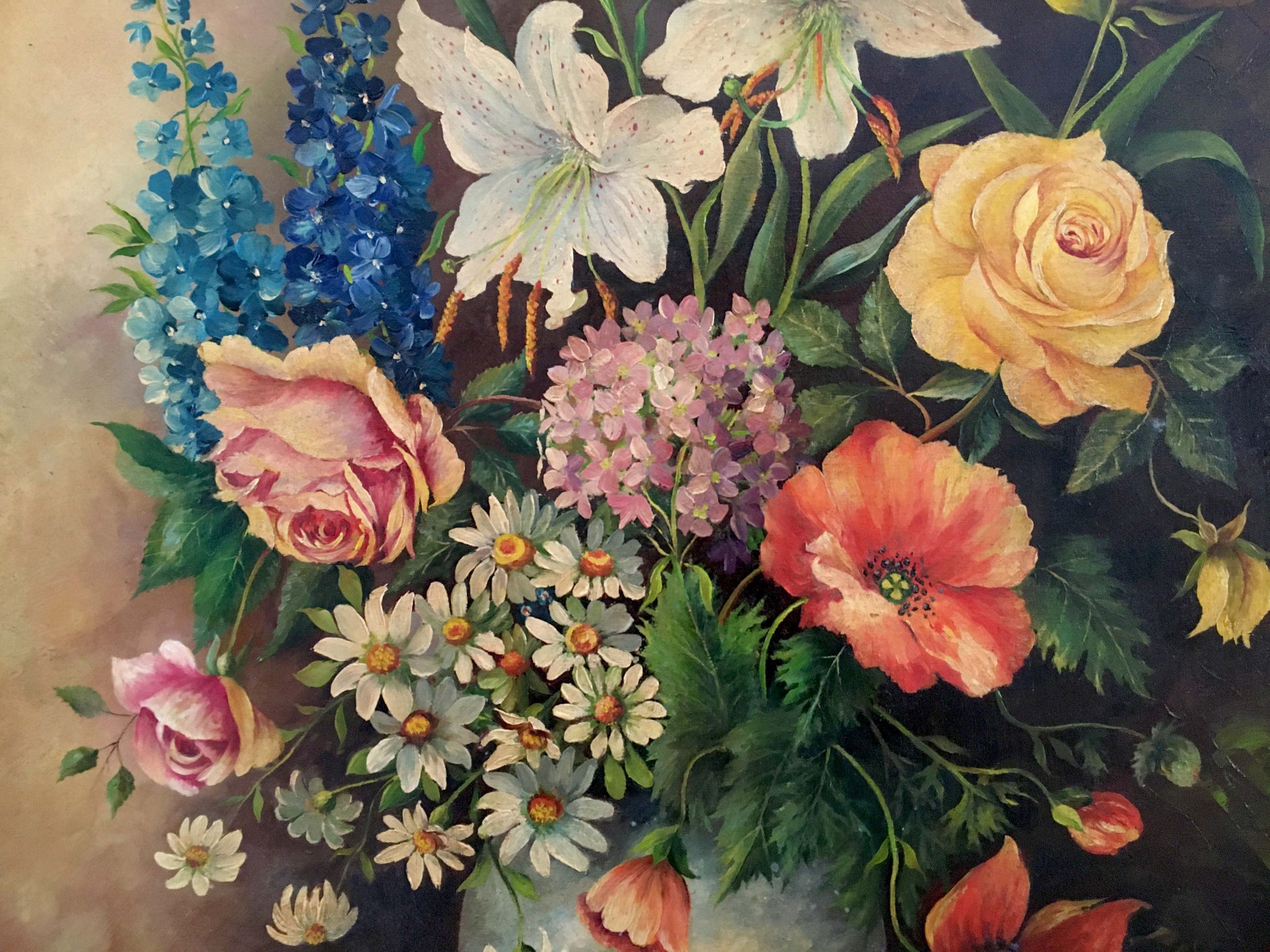 Oil painting of variegated floral arrangement with delphiniums, lilies, roses, peonies, daisies, foliage