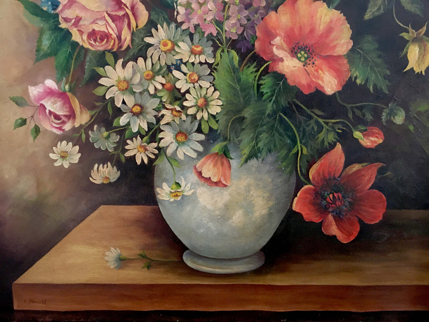 Oil painting of variegated floral arrangement with pink roses, daisies, poppies