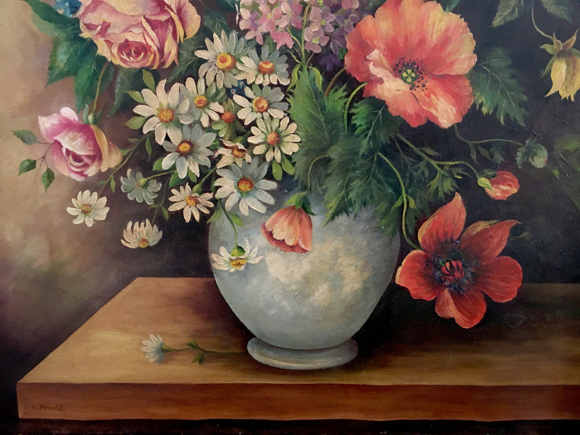Oil painting of variegated floral arrangement with pink roses, daisies, poppies