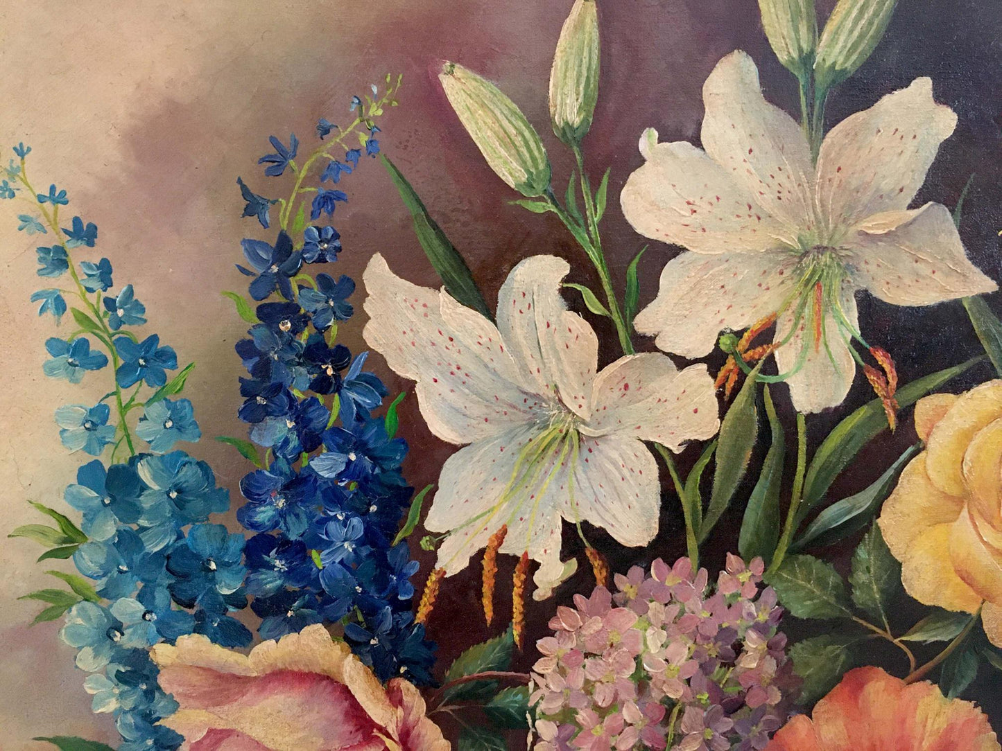 Oil painting Variegated Floral Arrangement with lilies, delphiniums, hydrangeas, roses