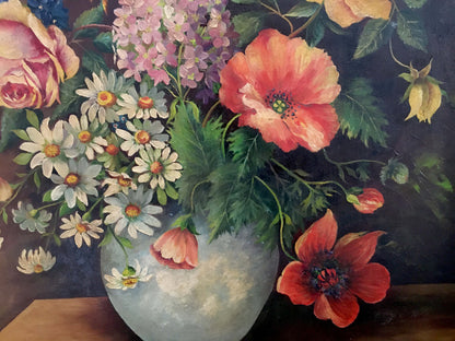 Oil painting of variegated floral arrangement with pink roses, daisies, poppies