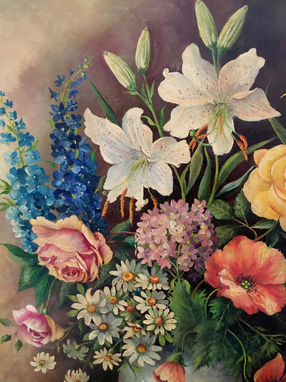 Oil painting of variegated floral arrangement with lilies, roses, delphiniums, poppies