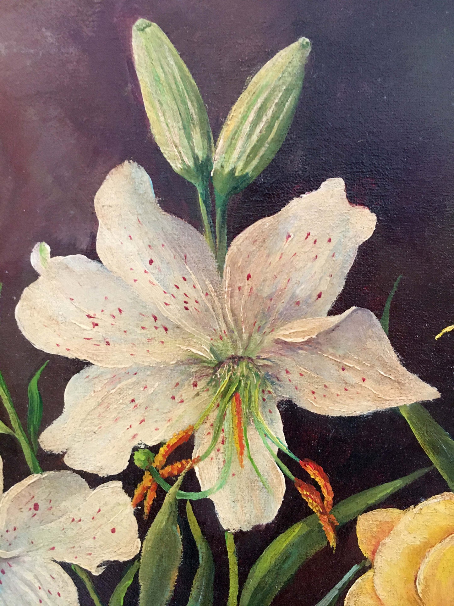 Oil painting of variegated floral lily with red speckles, orange stamens