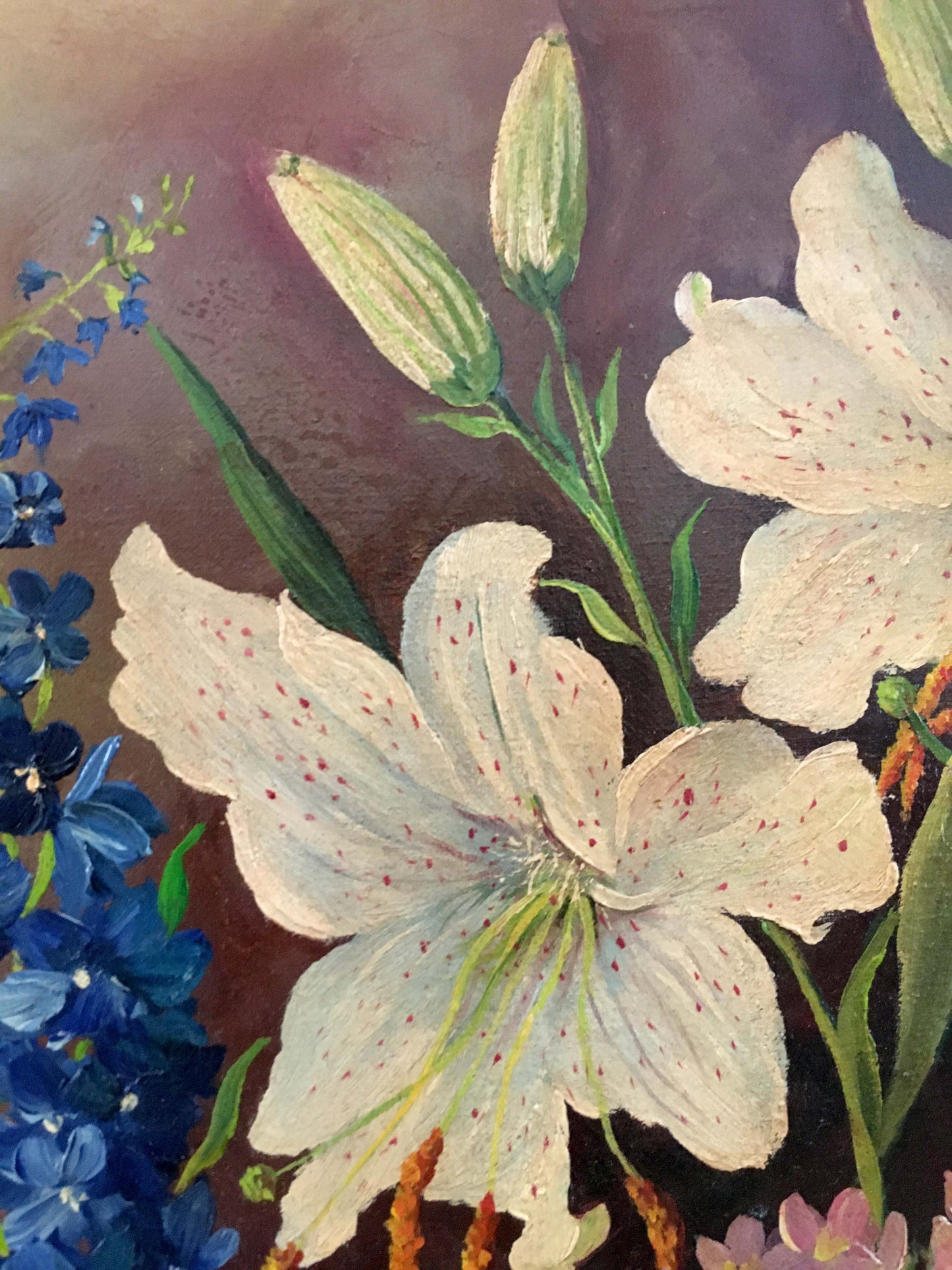 Oil painting of delicate white lily with red speckles by unknown artist