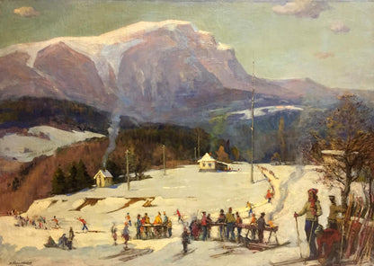 Oil painting by Mikhail Kobylenkov: snow-covered mountain with rugged peaks