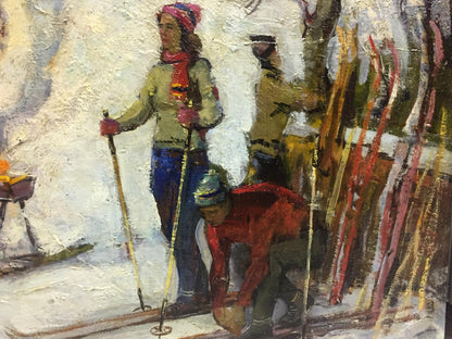 Oil painting On a Day Off by Mikhail Kobylenkov: three skiers in snow