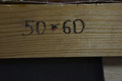 Back of oil painting Variegated Floral Arrangement with 50x60 wood plank marking