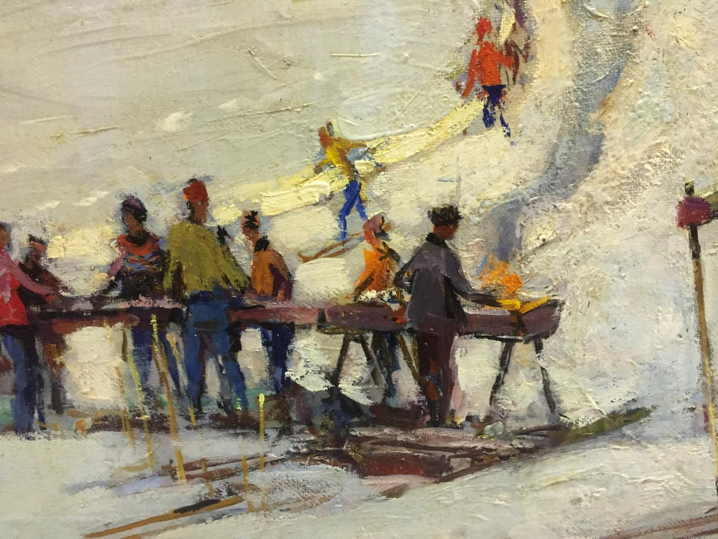 Oil painting by Mikhail Kobylenkov: snowy ski slope with vibrant skiers