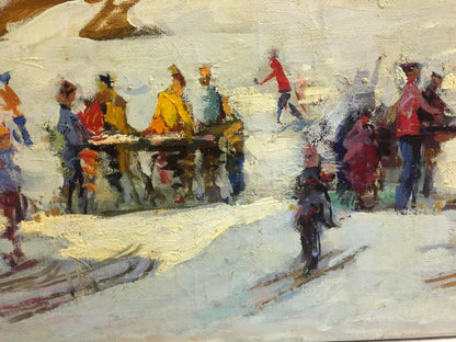 Vibrant impressionist oil painting by Mikhail Kobylenkov of lively winter skiers on day off