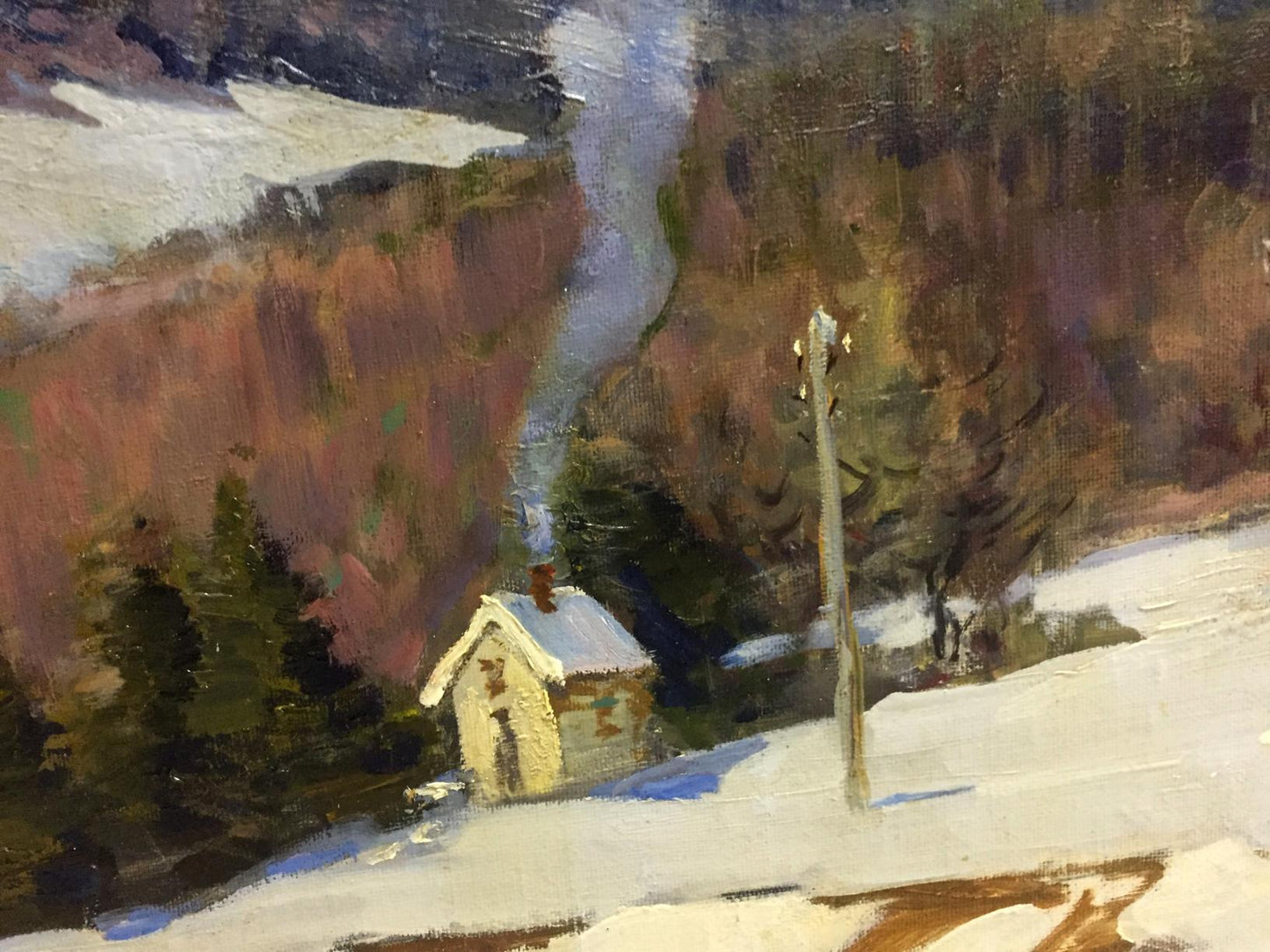 Oil painting of cozy snow-dusted wooden cabin by Mikhail Kobylenkov