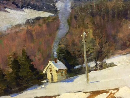 Oil painting of cozy snow-dusted wooden cabin by Mikhail Kobylenkov