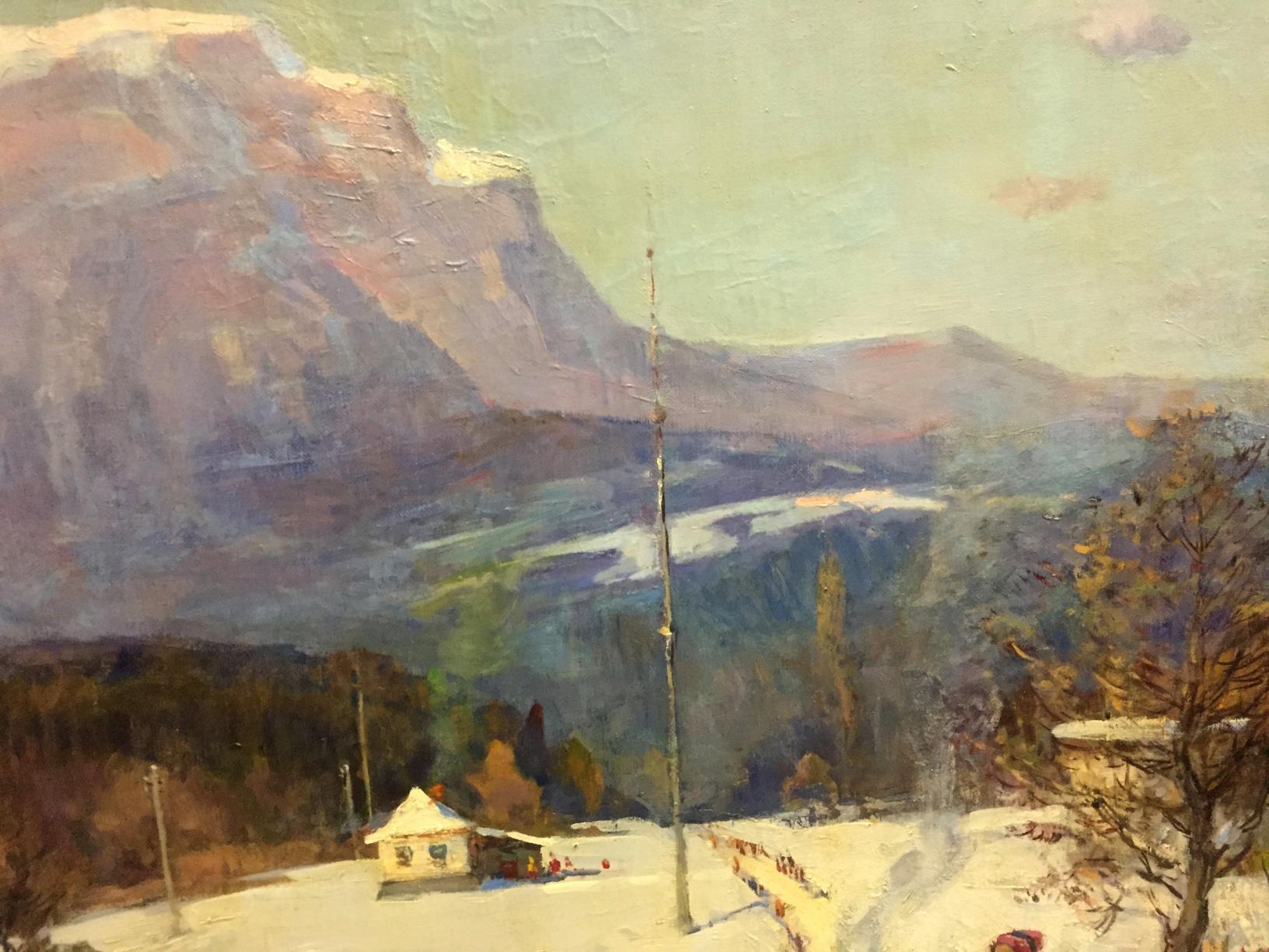 Oil painting On a day off by Mikhail Kobylenkov snowy mountain landscape