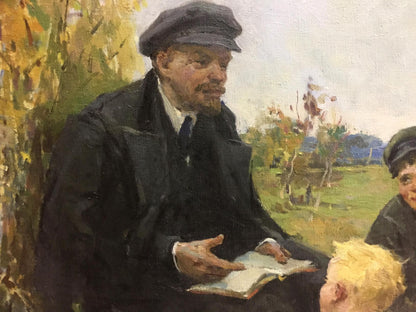 Oil painting of Lenin in flat cap and coat reading among people by Klimanov
