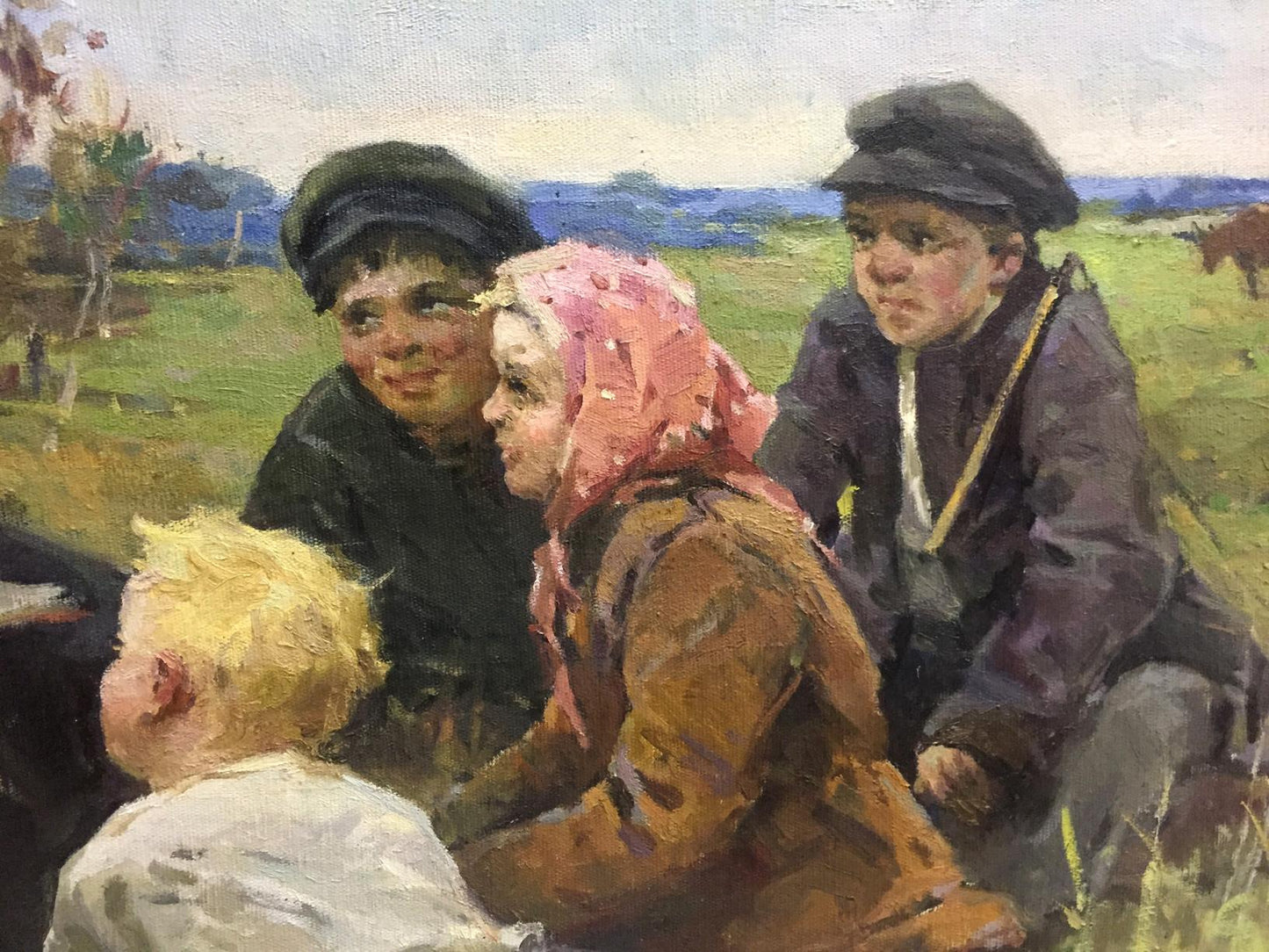 Oil painting of Lenin among children in field by Klimanov Anatoly Alekseevich