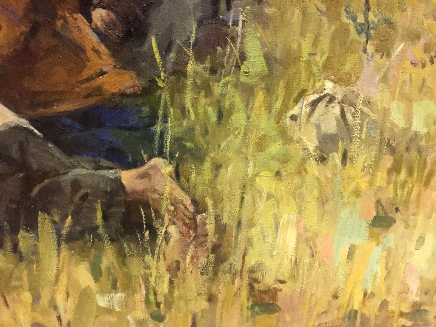 Impressionistic oil painting of Lenins hand reaching through golden grass by Klimanov Anatoly Alekseevich
