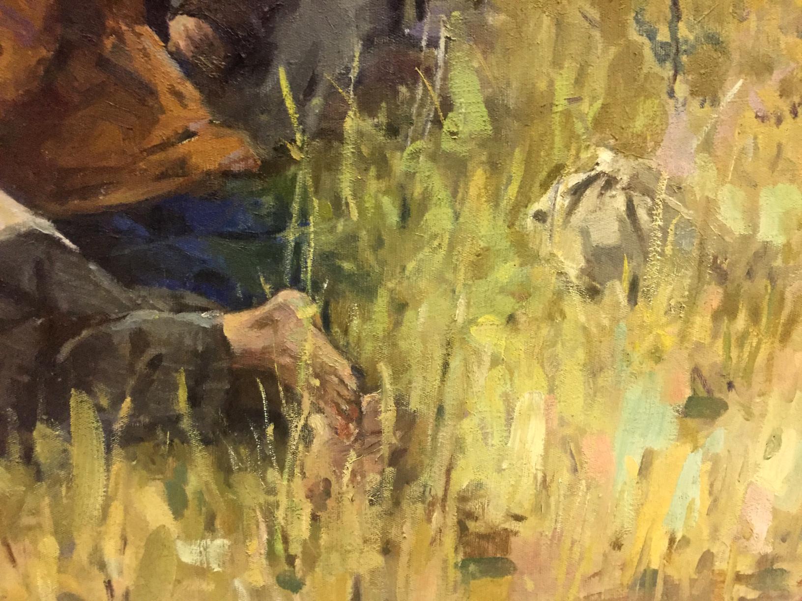 Impressionistic oil painting of Lenins hand reaching through golden grass by Klimanov Anatoly Alekseevich