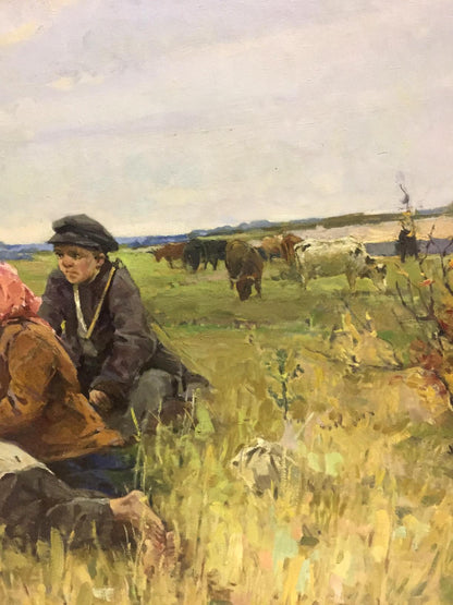 Rustic oil painting of young Lenin among people and cattle by Klimanov Anatoly Alekseevich