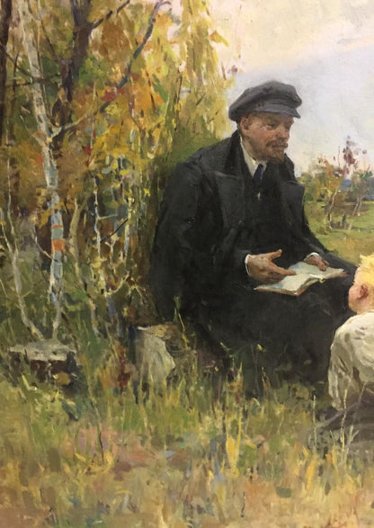 Oil painting of Lenin in dark coat reading book among people by Klimanov