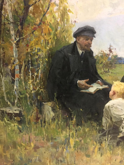 Oil painting of Lenin in dark coat reading book among people by Klimanov