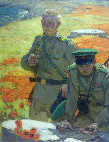 Oil painting At the old bunker by Pyotr Ivanovich Zhigimont: Soviet soldiers in poppy field