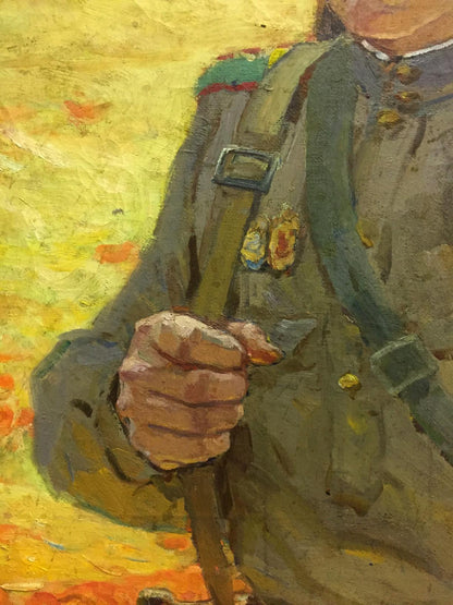 Oil painting At the old bunker by Pyotr Ivanovich Zhigimont: olive-green uniform