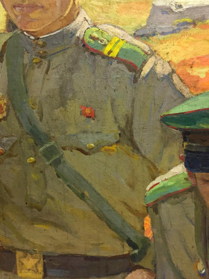 Oil painting of Pyotr Ivanovich Zhigimonts At the old bunker: officers olive-green uniform