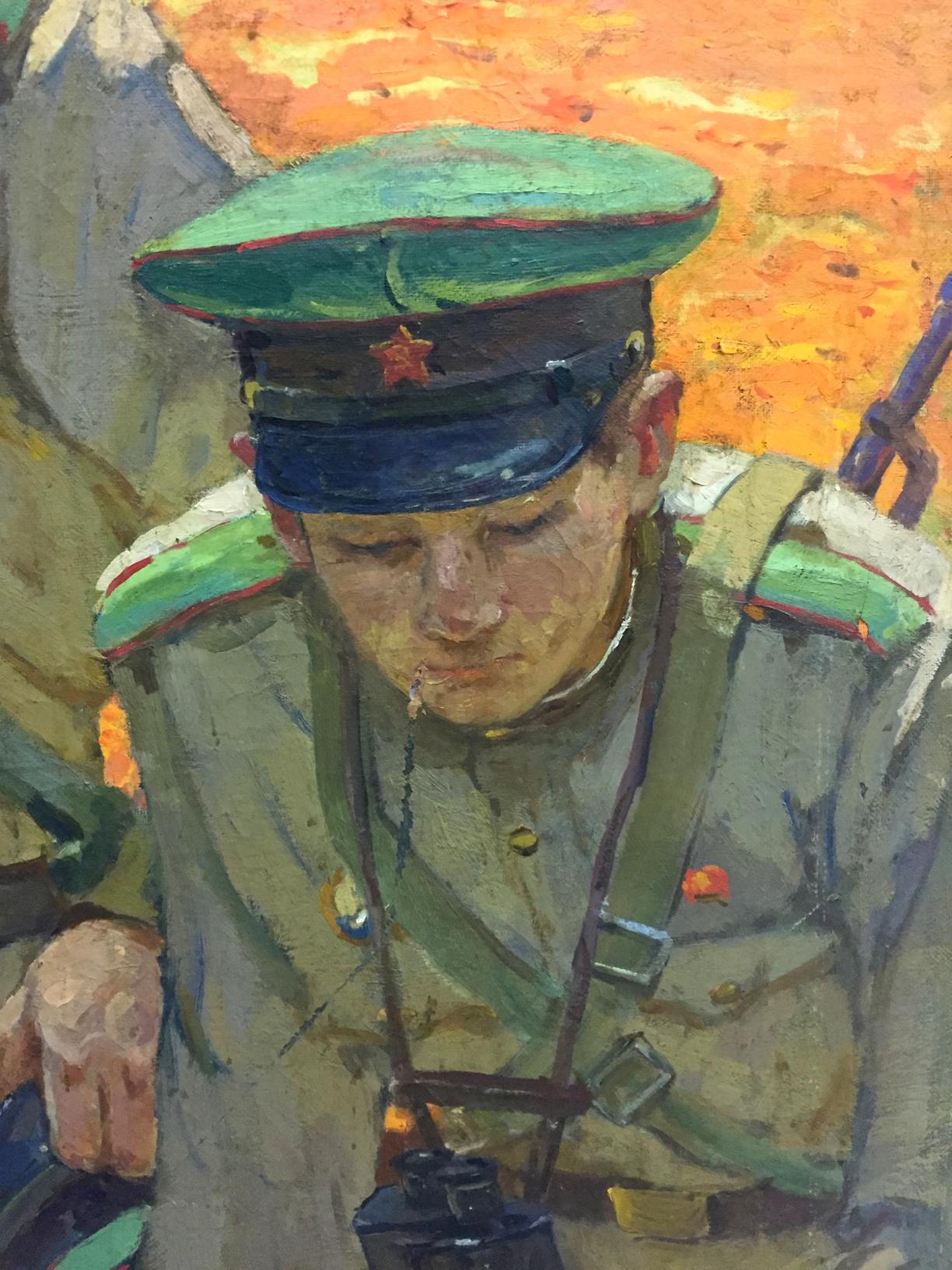 Oil painting At the old bunker by Pyotr Ivanovich Zhigimont: green military cap with red star
