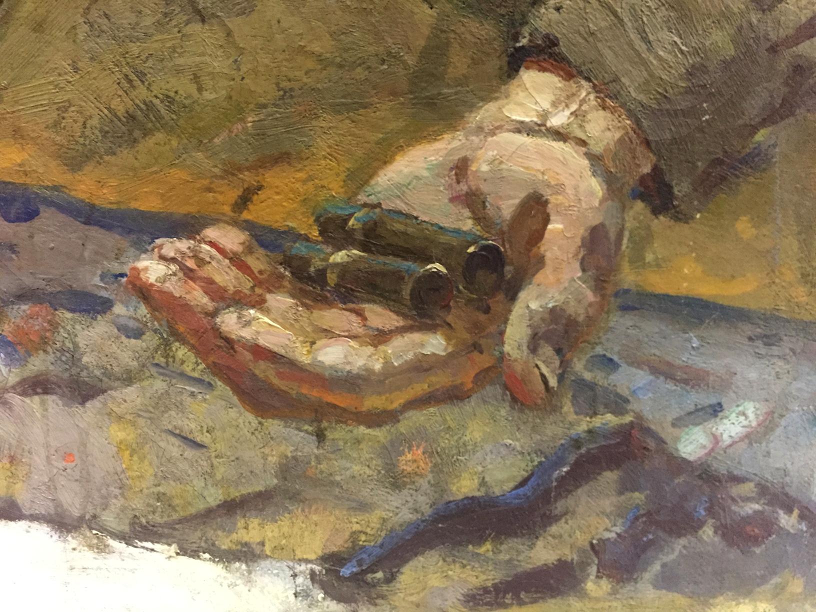 Hand cradling three dark scrolls in earthy tones, Oil painting At the old bunker by Pyotr Ivanovich Zhigimont
