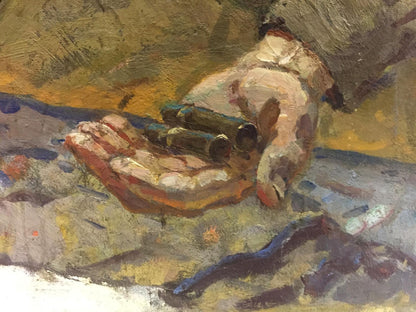 Hand cradling three dark scrolls in earthy tones, Oil painting At the old bunker by Pyotr Ivanovich Zhigimont