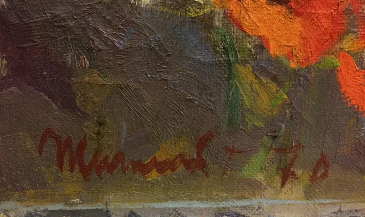 Red cursive signature on back of Oil painting At the old bunker Pyotr Ivanovich Zhigimont