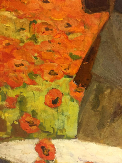 Vibrant orange poppies with dark centers in Pyotr Ivanovich Zhigimont oil painting At the old bunker