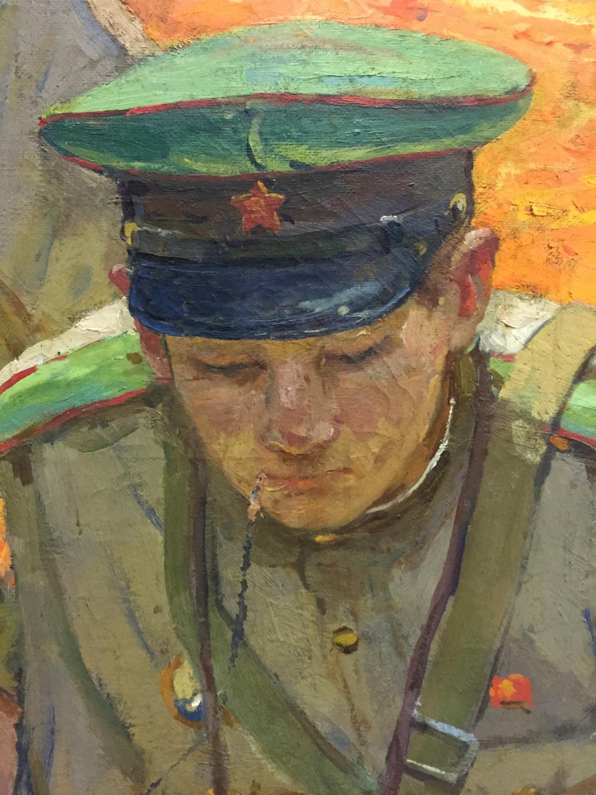 Oil painting At the old bunker: green and dark blue military cap with red star